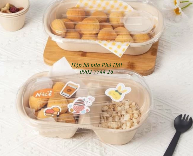 hộp bã mía 2 ngăn kèm nắp nhựa PET 750ml