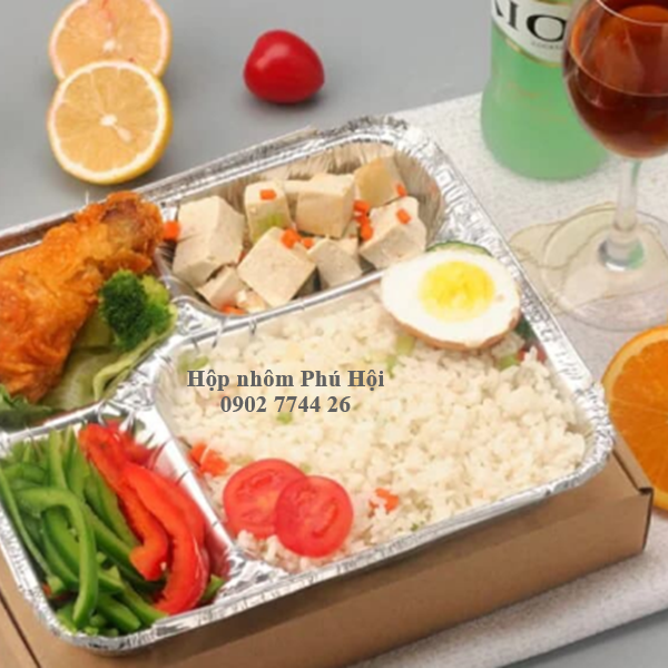Khay giấy bạc 4 ngăn đựng cơm