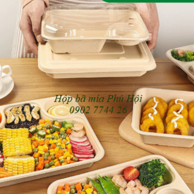 Hộp bã mía 3 ngăn nắp PET