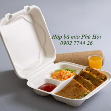 Hộp bã mía 3 ngăn nắp liền